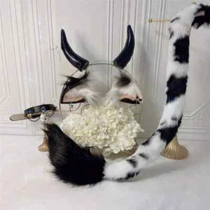 Handmade Dairy Cow Ox Ears Horns Beast Fox Headwear Tail halloween Cosplay - Picture 1 of 10