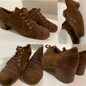 VTG 60S 70S MENS 10 BROWN SUEDE STUNNING LEATHER DISCO HIPPIE LACED SHOES - Picture 1 of 7
