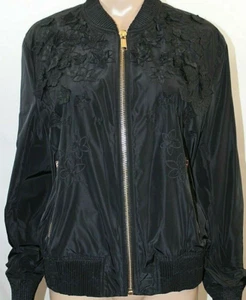 Michael Kors Black Bomber Jacket Embroidered Flowers Pockets Full Zip Pockets L - Picture 1 of 8