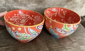 2 Anthropologie Bellina Blooms Bowls Orange Blue Green Ceramic Flowers Floral - Picture 1 of 11