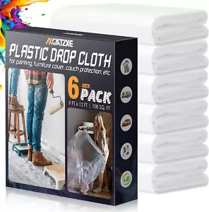 12 X 9 Ft Plastic Drop Cloths (6-Pack) - Disposable Painter'S Sheeting & Tarps f - Picture 1 of 12