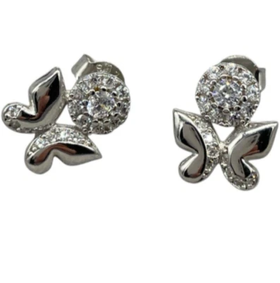 Orecchini Femminili Argento 925 Firmati a bottone Farfalle e Puntiluce brillanti - Immagine 1 di 4