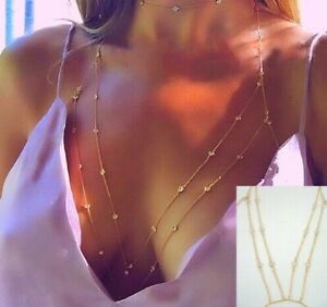 Gold Crystal Body Chain Necklace Bra Chest Bikini Layer Chains Bling Dainty Top