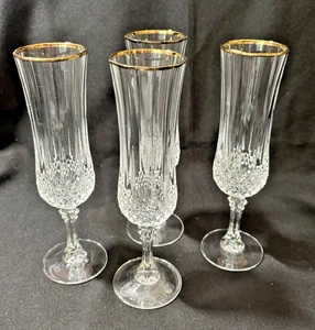 4 flûtes à champagne Cristal D'Arques Longchamp en cristal à bordure dorée fabriquées en France - Photo 1/5