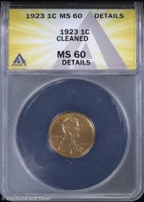 1923 1c Lincoln Wheat Cent ANACS MS 60 Details | Uncirculated UNC - Image 1 of 4