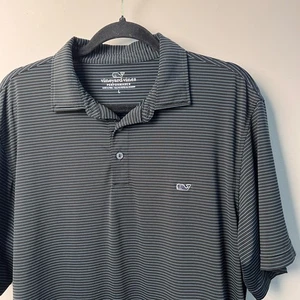 Vineyard Vines Polo Shirt Mens L Black Blue Striped Performance Whale Logo Golf - Picture 1 of 8
