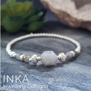 Sterling Silver Grey Labradorite 925 Stretch Stacker Bracelet by INKA - Picture 1 of 7
