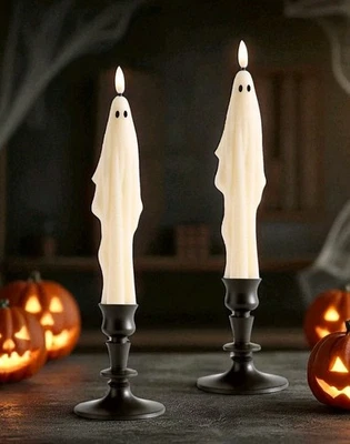 Pottery Barn S/2 Flameless Ghost Taper Candles & Booker Candle Holders NIB  - Image 1 of 4