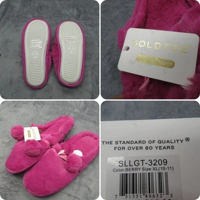 Gold Toe Memory Foam Slippers Womens XL 10-11 Fuzzy Pom Pom Berry Pink - Image 1 of 4