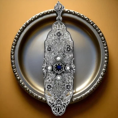 GENUINO ZAFIRO Y PERLA PLATA ESTERLINA 925 DECO ESTILO ANTIGUO COLGANTE #421 Foto 1 de 2