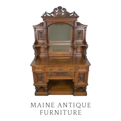 Antique Carved Oak Sideboard w/ Sea Serpents, Lions, Faces -1880s #22444 - Image 1 of 4