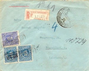 URUGUAY 1919 5 C. (2 x) and 8 C. Artigas on very fine R-cover to Frankfort RR!! - Picture 1 of 4