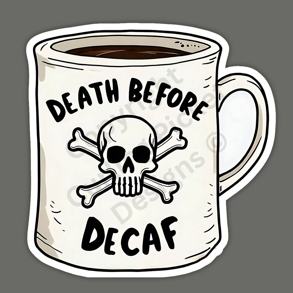 Taza de café Death Before Decafeinado calavera huesos cruzados divertida pegatina de vinilo de 3" Foto 1 de 1