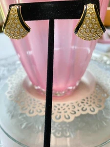 Monet Clear Crystal With Black Enamel On Gold Clip Earrings - Picture 1 of 3