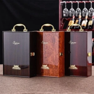 Double Leather Box Wine Bottle Box Luxury Handle Wooden Organizer Wine Holder - Picture 1 of 8