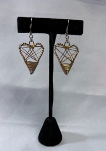 Handcrafted Heart Shaped Gold/Silver Tone Wire Wrap French Hook Dangle Earrings - Picture 1 of 6