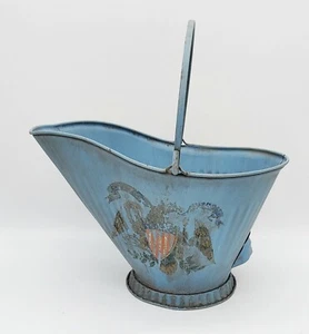 VTG Galvanized Hand Painted Light Blue Coal Scuttle Bucket USA Flag Eagle Patina - Picture 1 of 8