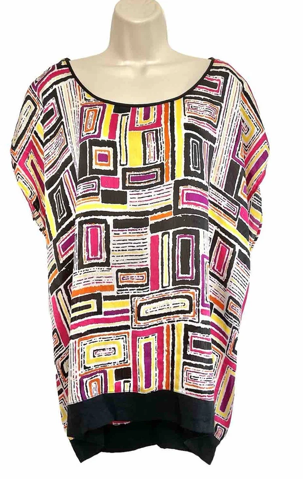 Perry Ellis 3 XL Boxy Top Multicolor Geométrico Semi Transparente Manga Corta Dolman Foto 1 de 4