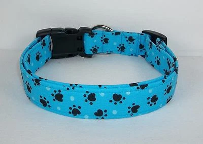 Blue Black Paw Print Terri's Dog Collar custom made adjustable handmade - Image 1 of 4