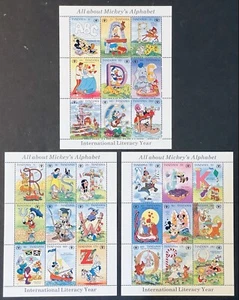 TANZANIA INTL LITERACY YEAR 3 DISNEY STAMP SHEETS 1990 MNH ALPHABET SNOW WHITE - Picture 1 of 4