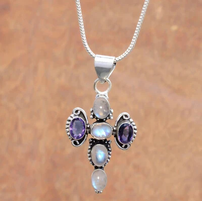 Rainbow Moonstone & Amethyst Cut Gemstone 925 Sterling Silver Cross Unique Gift - Image 1 of 4