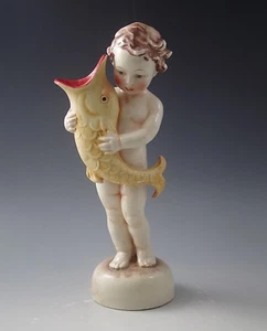 ANTIQUE 1945 GOEBEL CHERUB PUTTI HOLDING FISH 9" FIGURINE VASE FULL BEE  FZ 39 - Picture 1 of 9