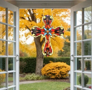 Suncatcher Window Panel Victorian Design Cross Stained Glass in Reds and Browns - Picture 1 of 5