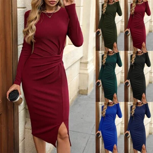Autumn Women Long Sleeve Split Dress Cocktail Party Long Ruched Tunic Dresses UK - Picture 1 of 27