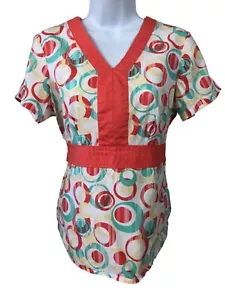 Barco Juniors Women's Scrub Top Size S White with Orange Blue Circles Pockets - Picture 1 of 12