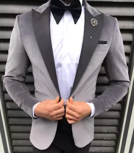 Designer Grau Samt Anzug Smoking Hochzeitsanzug Herrenanzug Tailliert Slim Fit - Bild 1 von 5
