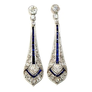 Silver Earrings Art Deco Style Lab Created Diamond &Sapphire Wedding DropDangle - Picture 1 of 11
