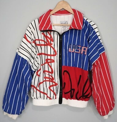 Abrigo Chaqueta Deportiva Pequeña Vintage Años 90 Rojo Blanco Azul Rayas Cremallera Completa Frontal EE. UU. Foto 1 de 4
