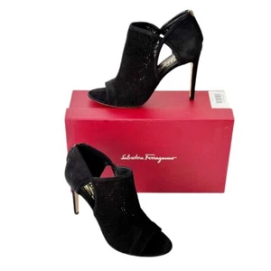 Salvatore Ferragamo Gayle Black Suede Cut Out Ankle Boot Peep Toe Booties 8.5B - Picture 1 of 4