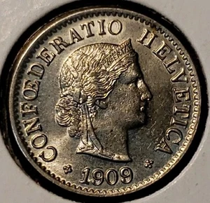 1909 Switzerland 5 Rappen Copper-Nickel Beautiful BU Coin, Free Shipping - Picture 1 of 5