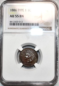 NGC AU-55 BN 1886 T1 Indian Head Cent, Razor-Sharp, Chocolate-Brown specimen. - Picture 1 of 2