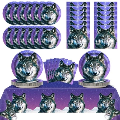 Juego de suministros de fiesta Wolf para 24 invitados platos de papel servilletas mantel kit Foto 1 de 4
