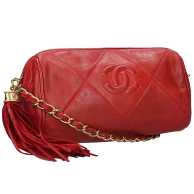 Chanel Vintage Tassel Fringe Lambskin Chain Shoulder Bag Red 803052 Bs55 Accesso - Image 1 of 4
