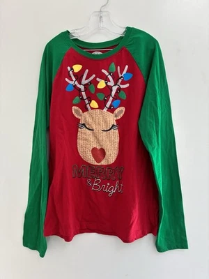 Camisa Roja Manga Raglán Navidad Reno Brillo Holiday Time Niños Niñas 14-16 Foto 1 de 4