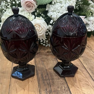 2 VTG Ruby Red Glass Pedestal Egg Shaped Covered Candy Dishes - Picture 1 of 6