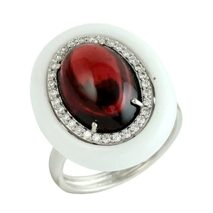 Anillo de boda para mujer oro blanco de 18k granate ónix diamante joyería hec... - Imagen 1 de 7