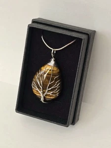 Tigers Eye Natural Stone Agate Tree of Life Pendant Necklace Handcraft Charm - Picture 1 of 4