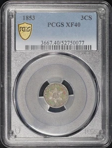1853 Three Cent Silver PCGS XF-40 - Vivid Green & Violet Hue Toning! - Picture 1 of 4