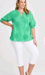 VIRTUELLE 100% Cotton V Neck 3/4 Sleeve Floral Embroidery Blouse Sz 20 EUC - Picture 1 of 9