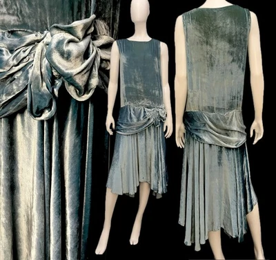 Antique 1920's dress Salome silk velvet French blue 1925 named asymmetrical hem - Image 1 of 4