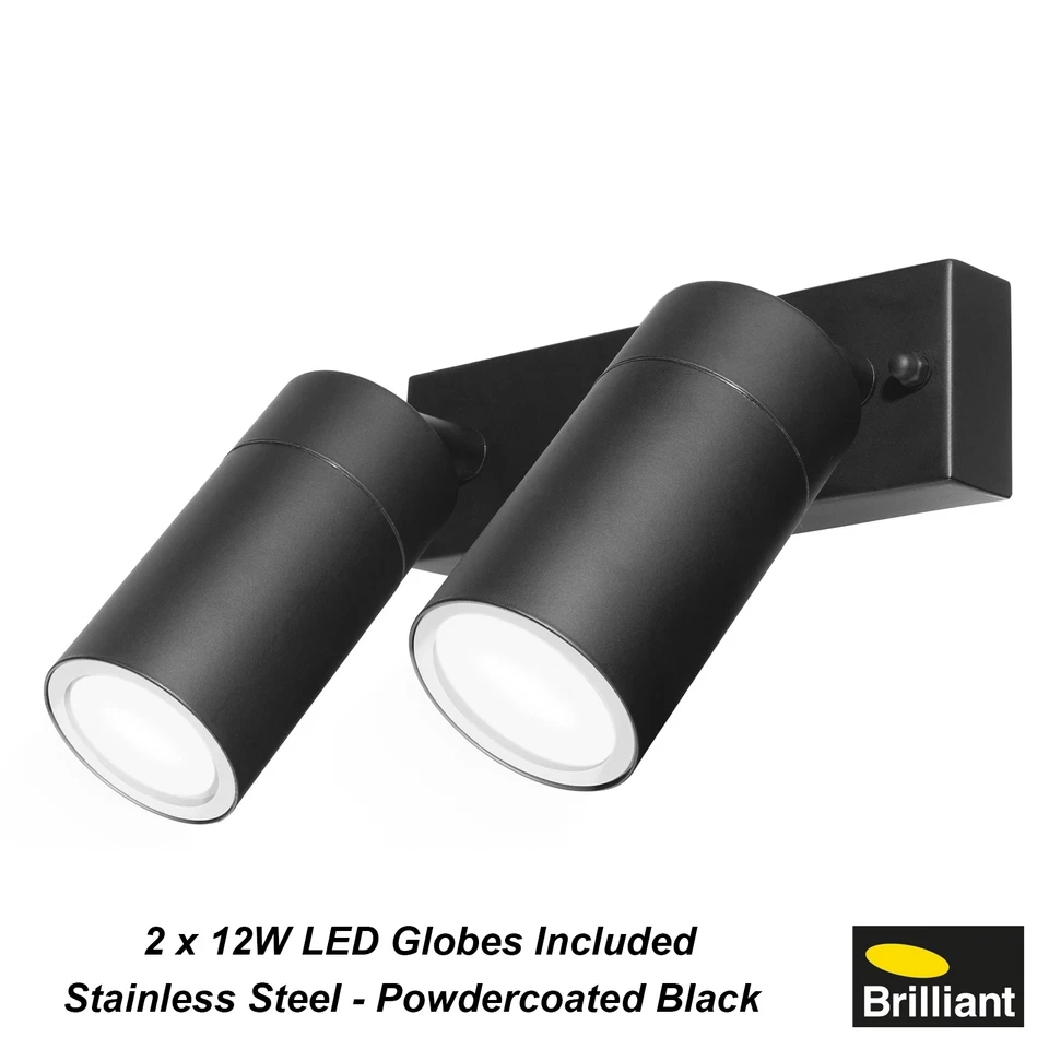 BLACK LED Stainless Steel Outdoor Adjustable Double Wall Lights 2 x 12W GU10 - Image 1 of 1