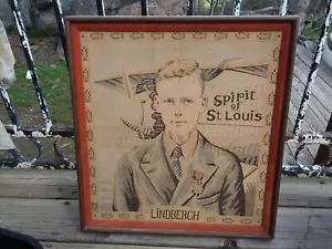 Vintage Framed Charles Lindbergh Tapestry Wall Hanger Aviation History Flight - Picture 1 of 7
