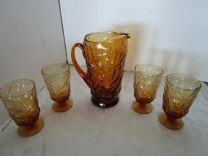 MCM Morgantown Glass Seneca DRIFTWOOD 5 Pc. Pitcher & 4-footed tumblers 1950's - Picture 1 of 12