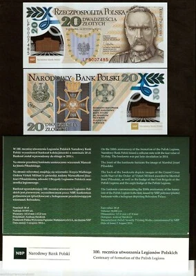 Poland 20 ZLOTYCH P-187 2014 Commemorative POLYMER PILSUDSKI MILITARY UNC Folder - Image 1 of 3