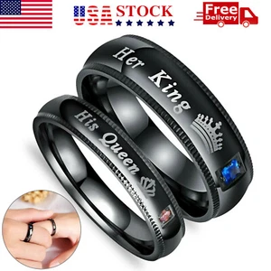 Anello Coppia Amante His Queen and Her King Acciaio Inox Fidanzamento Promessa Band - Foto 1 di 12