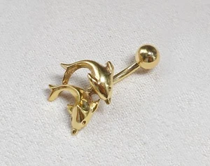 Anillos gemelos ombligo delfín de oro macizo de 14K, piercing ombligo tamaño 10 mm - Imagen 1 de 7